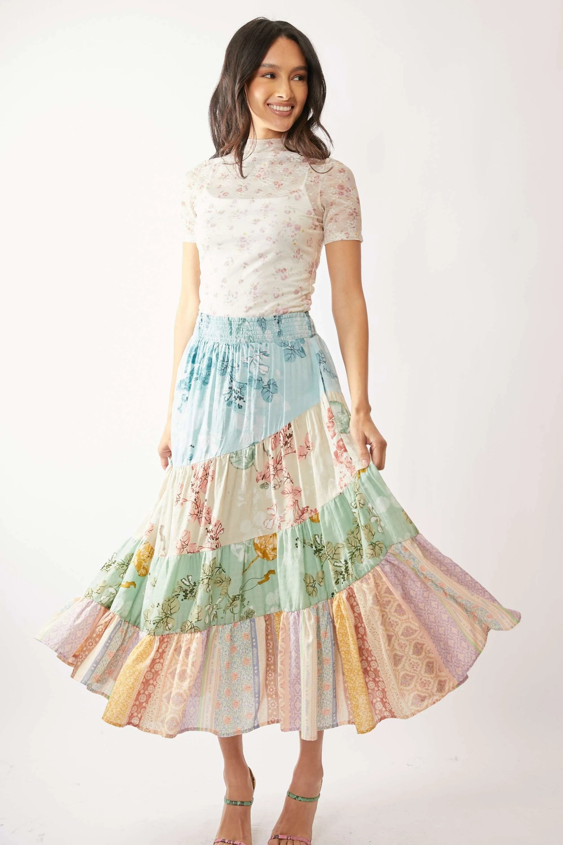 Davi & Dani Floral Mesh Mock Neck Short Sleeve Top-Davi & Dani-INDIAN PINK-S-Urbanheer