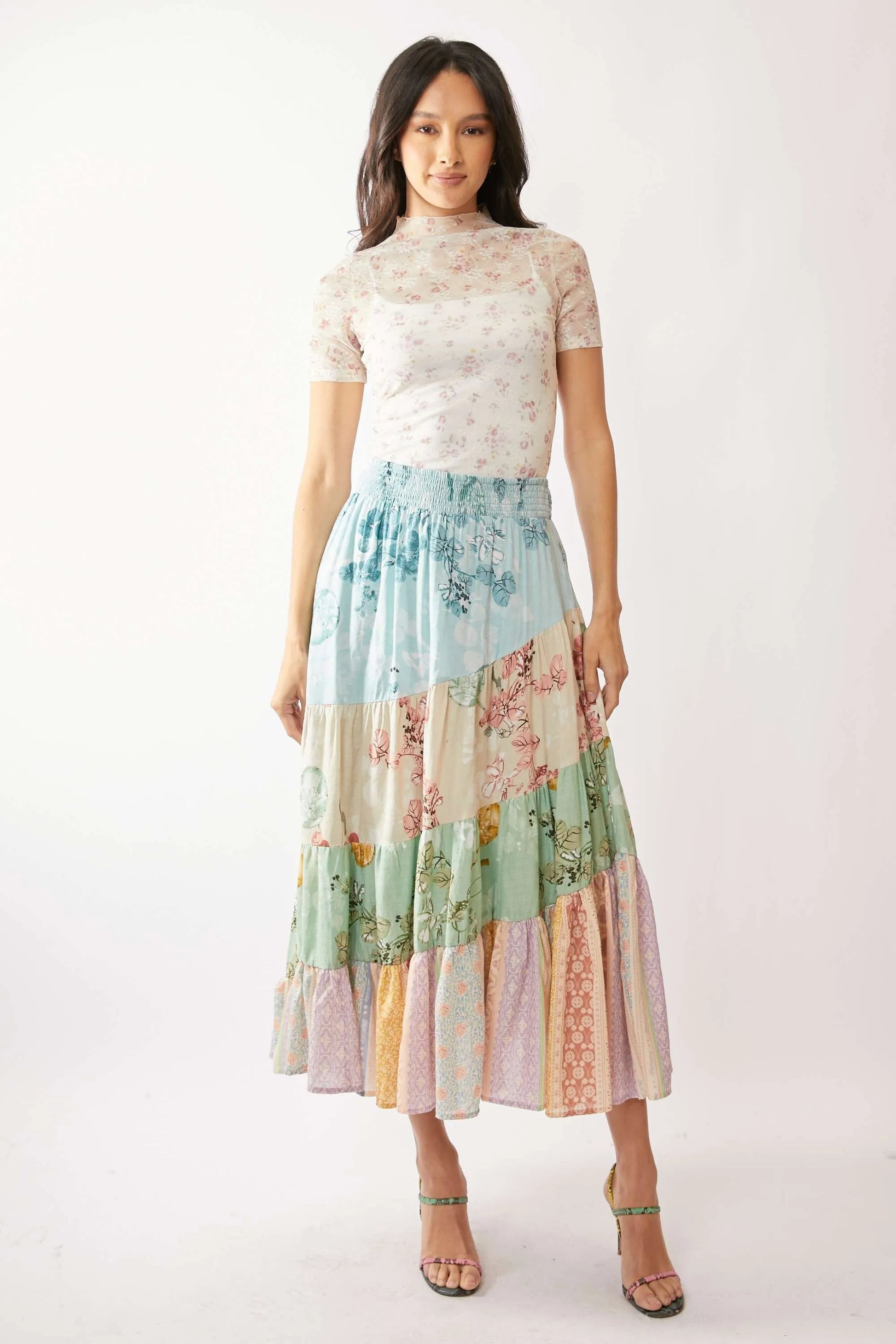 Davi & Dani Floral Mesh Mock Neck Short Sleeve Top-Davi & Dani-INDIAN PINK-S-Urbanheer