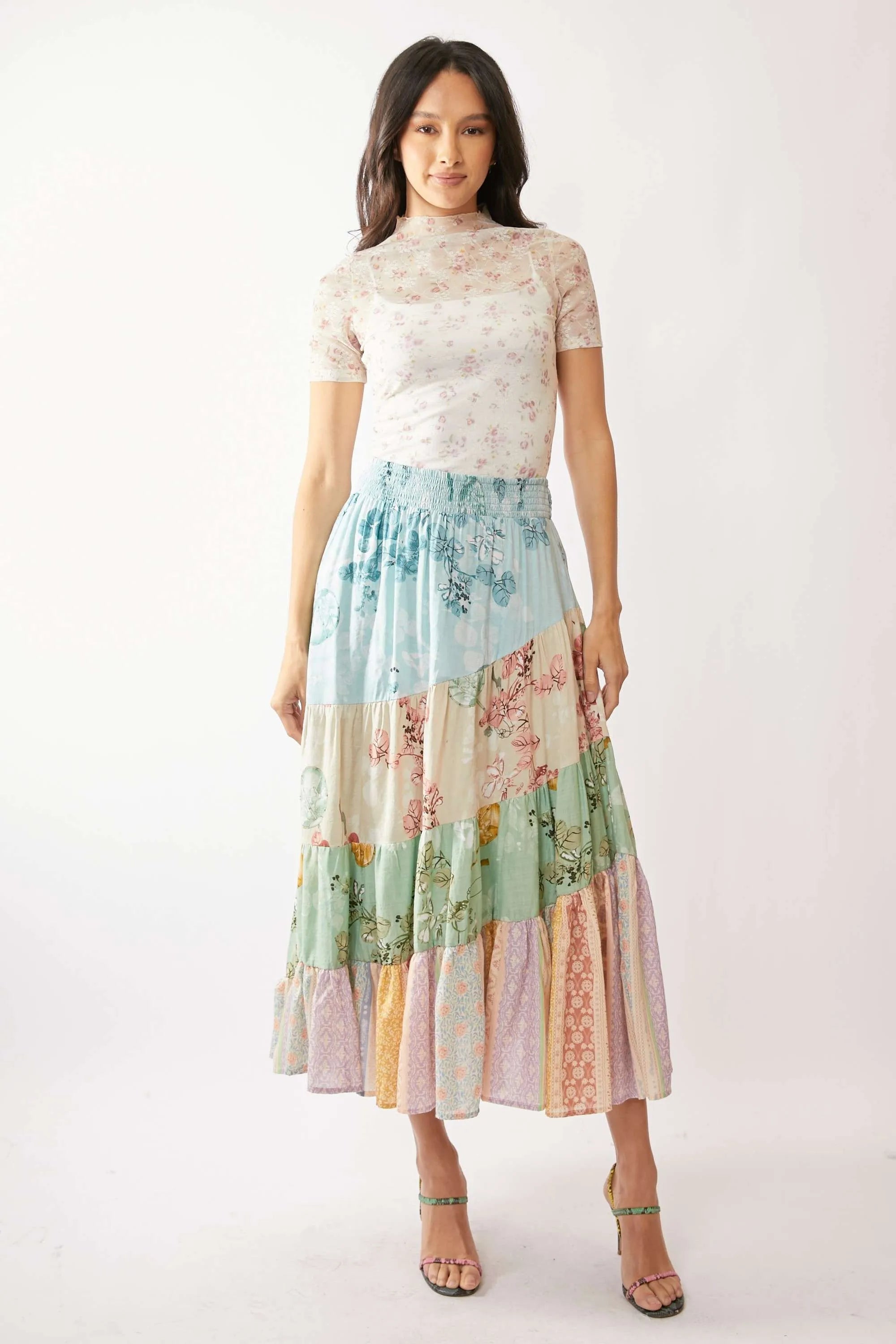 Davi & Dani Floral Mesh Mock Neck Short Sleeve Top-Davi & Dani-INDIAN PINK-S-Urbanheer