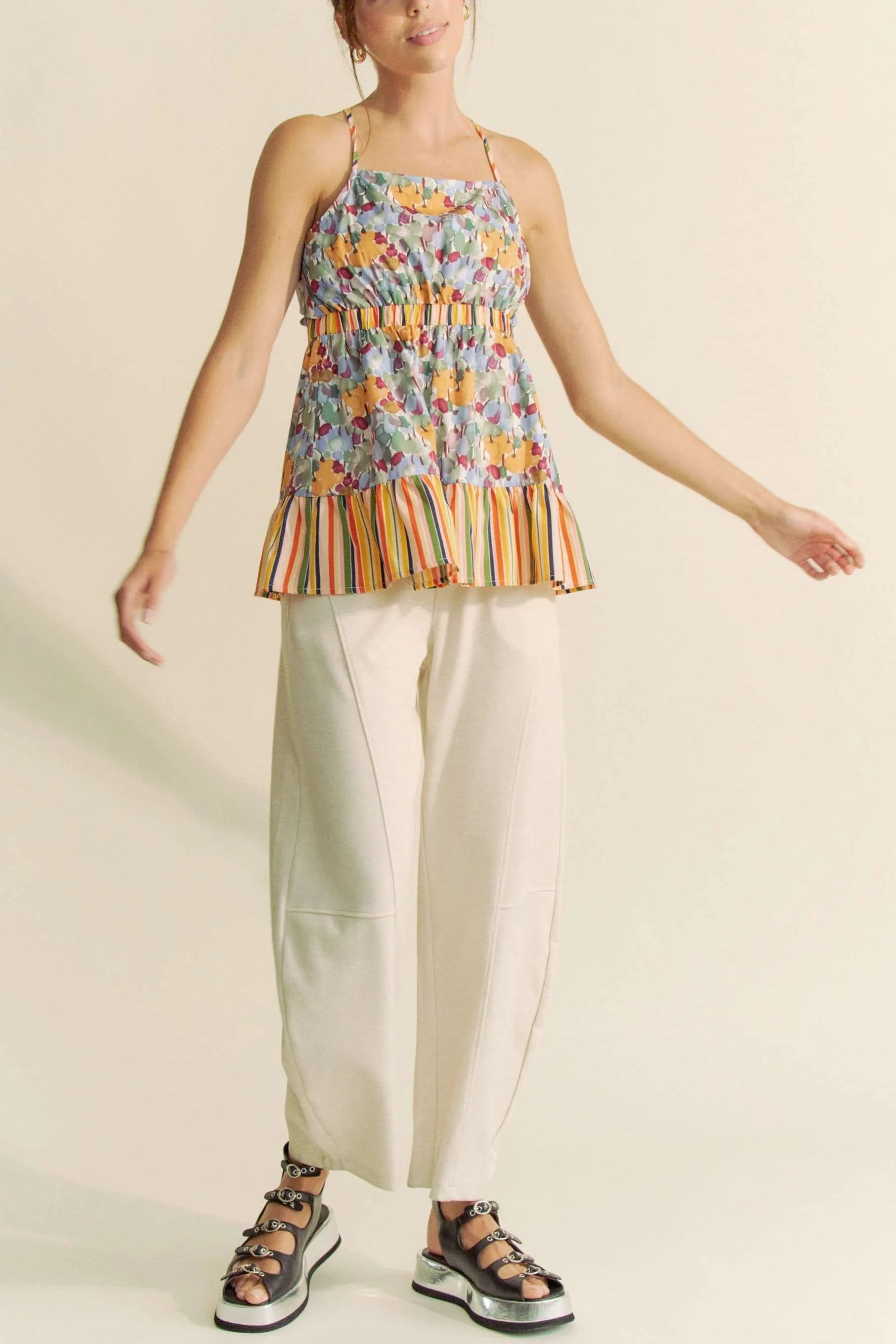 Davi & Dani Floral Smocked Sleeveless Ruffle Back Tie Top-Davi & Dani-SAGE-S-Urbanheer