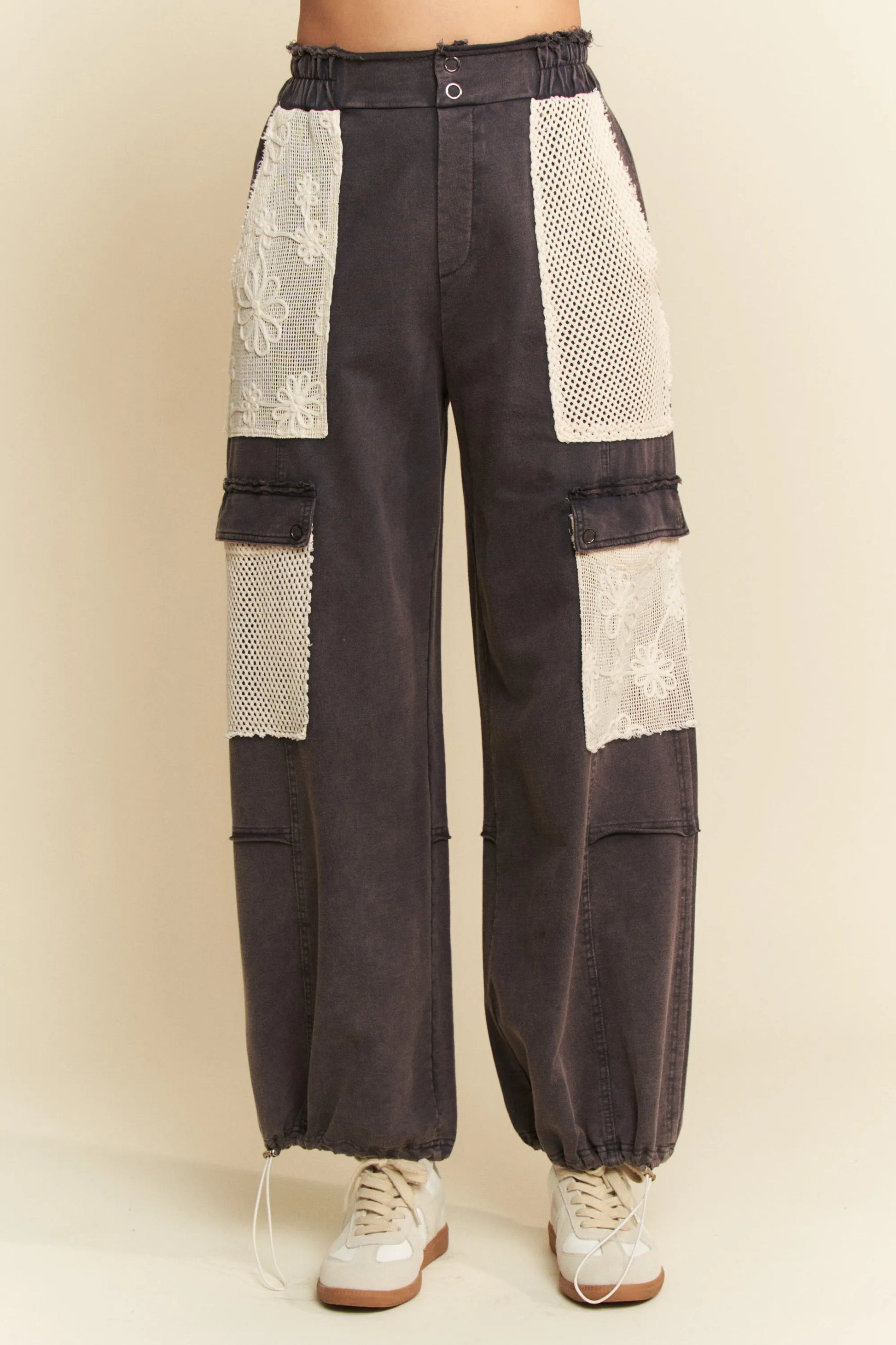 Davi & Dani Lace Patchwork Bottom Opening Adjustable Pants-Davi & Dani-NAVY-S-Urbanheer