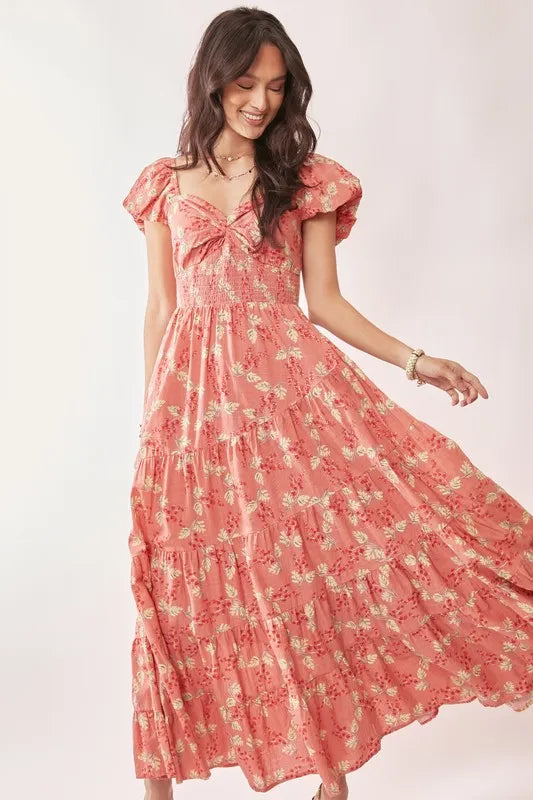 Davi & Dani Lightweight Sweetheart Neck Textured Tiered Maxi Dress-Street 360-Coral-S-Urbanheer