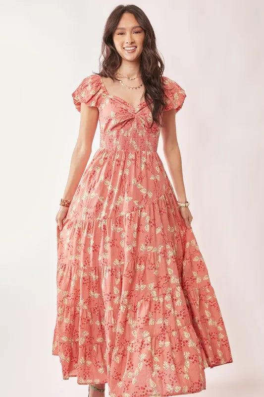 Davi & Dani Lightweight Sweetheart Neck Textured Tiered Maxi Dress-Street 360-Coral-S-Urbanheer