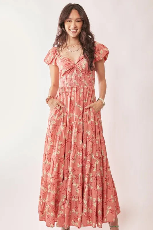 Davi & Dani Lightweight Sweetheart Neck Textured Tiered Maxi Dress-Street 360-Coral-S-Urbanheer