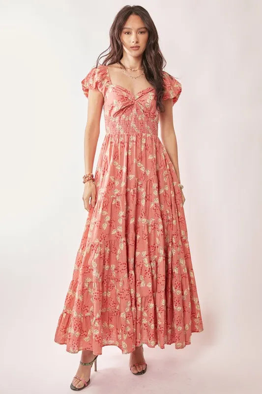 Davi & Dani Lightweight Sweetheart Neck Textured Tiered Maxi Dress-Street 360-Coral-S-Urbanheer