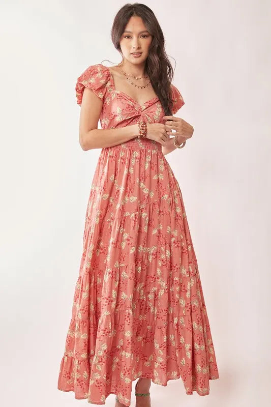 Davi & Dani Lightweight Sweetheart Neck Textured Tiered Maxi Dress-Street 360-Coral-S-Urbanheer