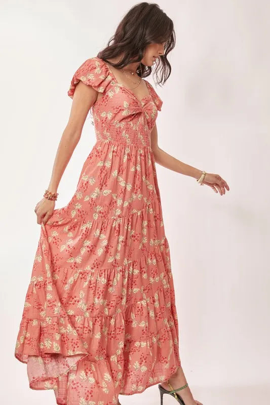 Davi & Dani Lightweight Sweetheart Neck Textured Tiered Maxi Dress-Street 360-Coral-S-Urbanheer