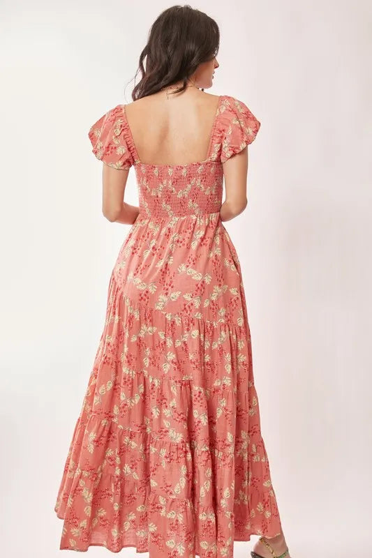 Davi & Dani Lightweight Sweetheart Neck Textured Tiered Maxi Dress-Street 360-Coral-S-Urbanheer