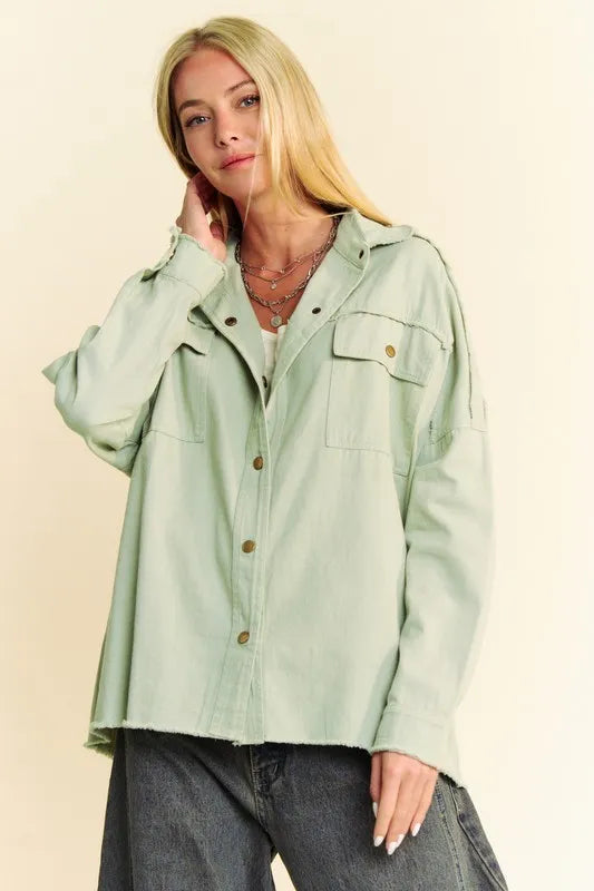 Davi & Dani Multi Color Rock & Roll Fringed Hem Loose Fit Shacket-Street 360-Light Sage-M-Urbanheer