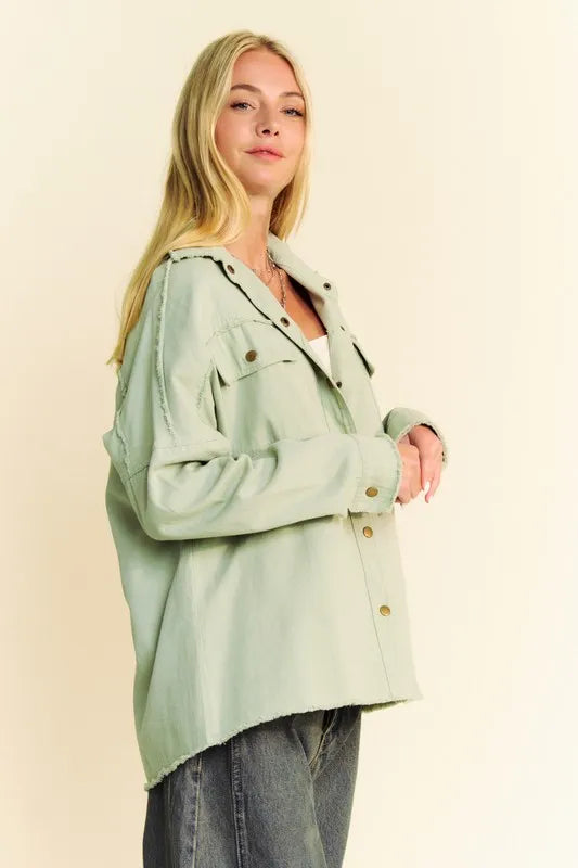 Davi & Dani Multi Color Rock & Roll Fringed Hem Loose Fit Shacket-Street 360-Light Sage-M-Urbanheer