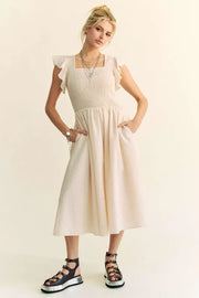 Davi & Dani Ruffled Cap Sleeve Smocked Mini Dress-Davi & Dani-Cream Beige-S-Urbanheer