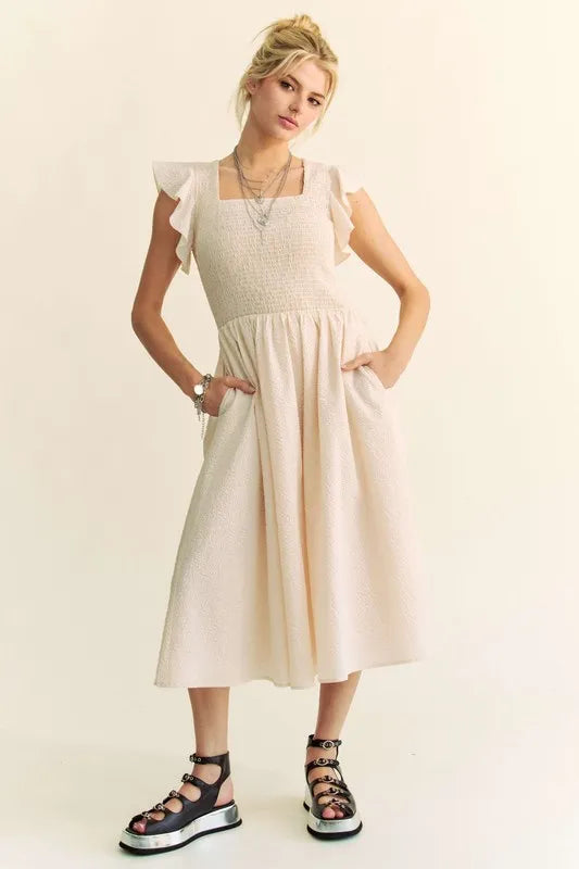 Davi & Dani Ruffled Cap Sleeve Smocked Mini Dress-Davi & Dani-Cream Beige-S-Urbanheer