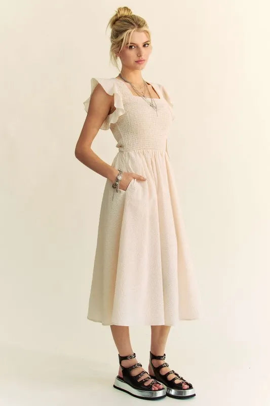 Davi & Dani Ruffled Cap Sleeve Smocked Mini Dress-Davi & Dani-Cream Beige-S-Urbanheer