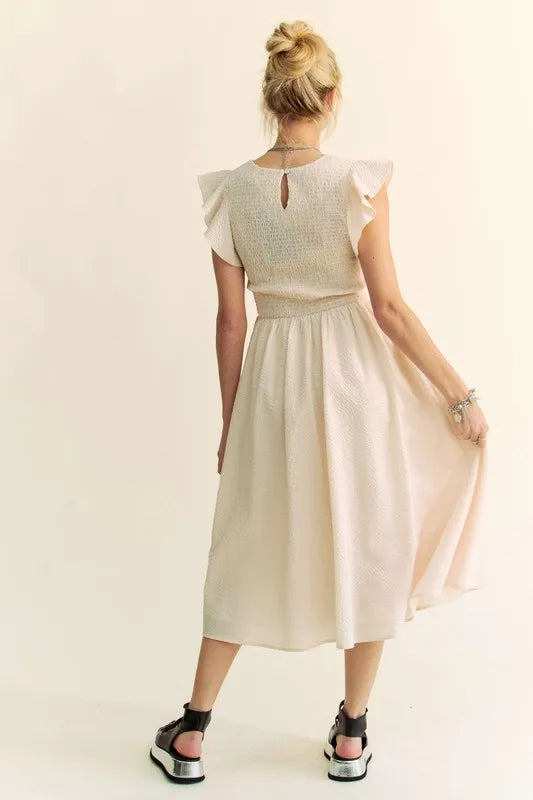 Davi & Dani Ruffled Cap Sleeve Smocked Mini Dress-Davi & Dani-Cream Beige-S-Urbanheer