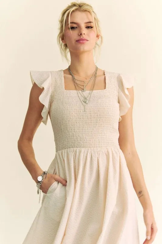Davi & Dani Ruffled Cap Sleeve Smocked Mini Dress-Davi & Dani-Cream Beige-S-Urbanheer