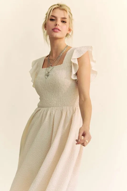 Davi & Dani Ruffled Cap Sleeve Smocked Mini Dress-Davi & Dani-Cream Beige-S-Urbanheer