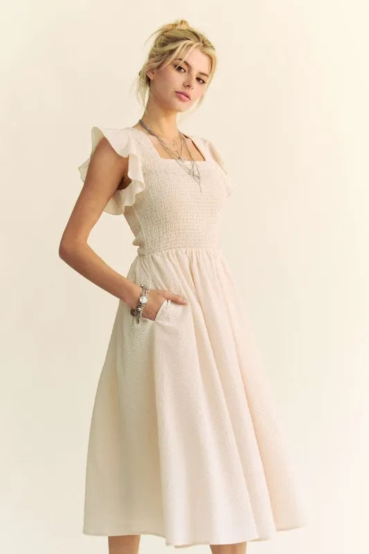 Davi & Dani Ruffled Cap Sleeve Smocked Mini Dress-Davi & Dani-Cream Beige-S-Urbanheer