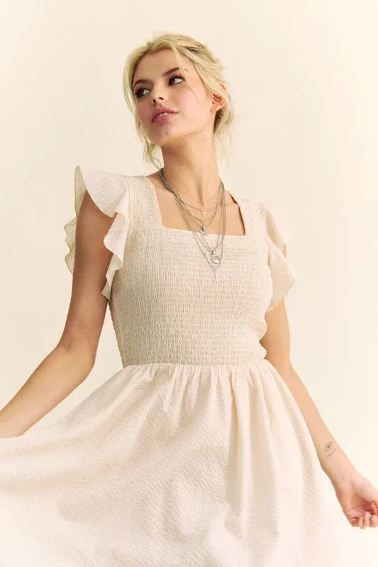 Davi & Dani Ruffled Cap Sleeve Smocked Mini Dress-Davi & Dani-Cream Beige-S-Urbanheer