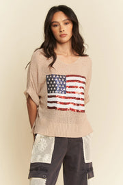 Davi & Dani Sequin American Flag Patch Short Sleeve Knit Top-Davi & Dani-TAUPE-S-Urbanheer