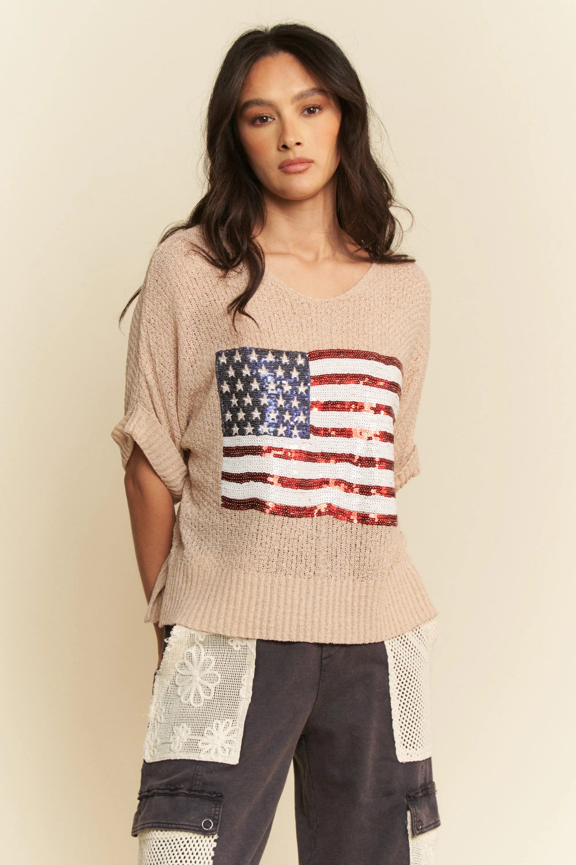 Davi & Dani Sequin American Flag Patch Short Sleeve Knit Top-Davi & Dani-TAUPE-S-Urbanheer