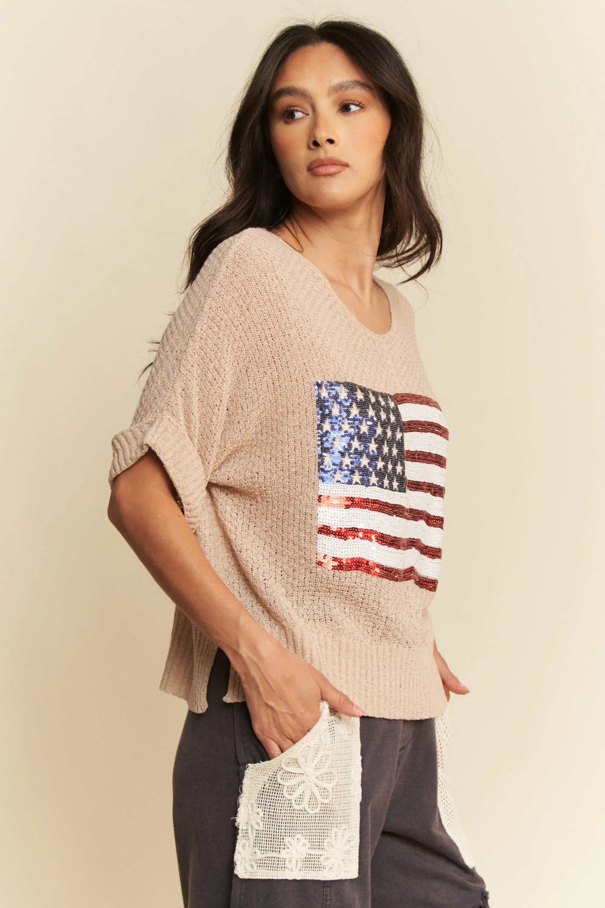 Davi & Dani Sequin American Flag Patch Short Sleeve Knit Top-Davi & Dani-TAUPE-S-Urbanheer