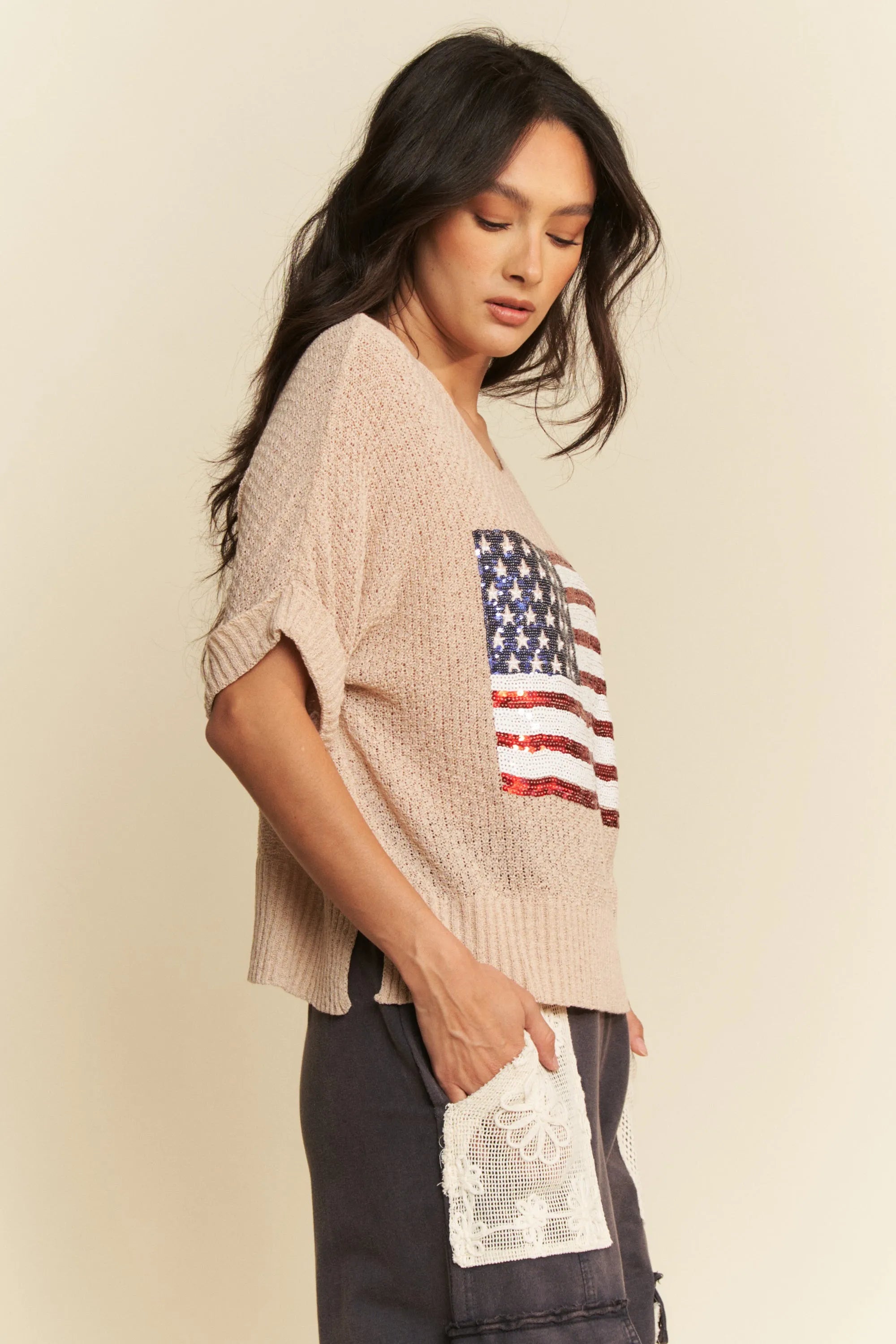 Davi & Dani Sequin American Flag Patch Short Sleeve Knit Top-Davi & Dani-TAUPE-S-Urbanheer