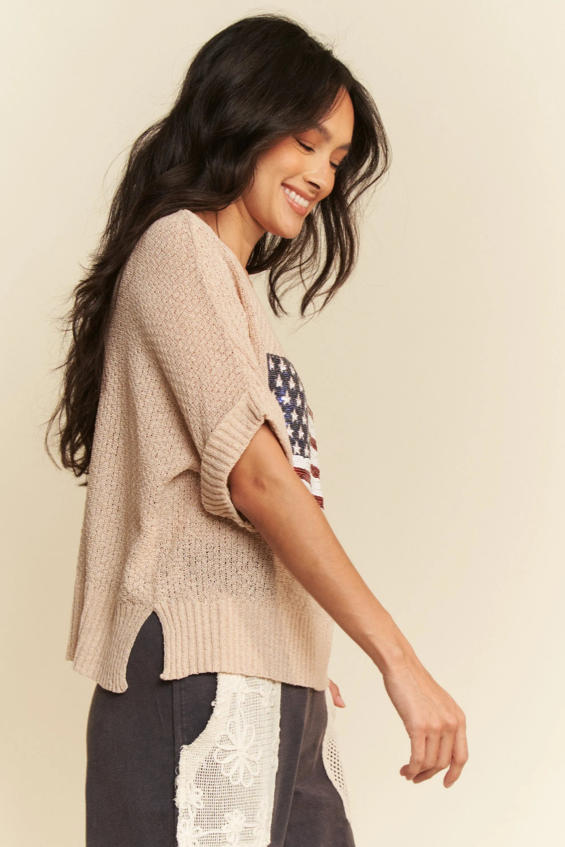 Davi & Dani Sequin American Flag Patch Short Sleeve Knit Top-Davi & Dani-TAUPE-S-Urbanheer