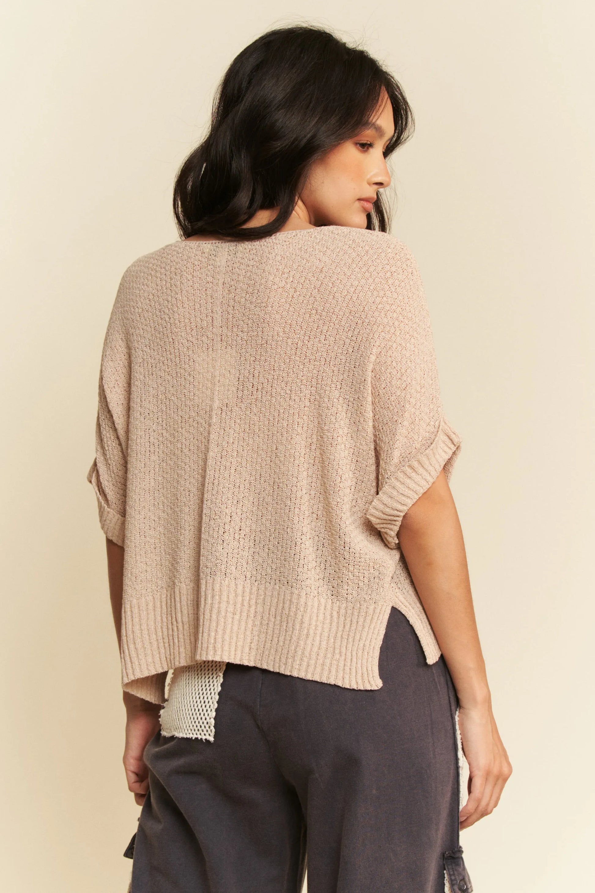 Davi & Dani Sequin American Flag Patch Short Sleeve Knit Top-Davi & Dani-TAUPE-S-Urbanheer