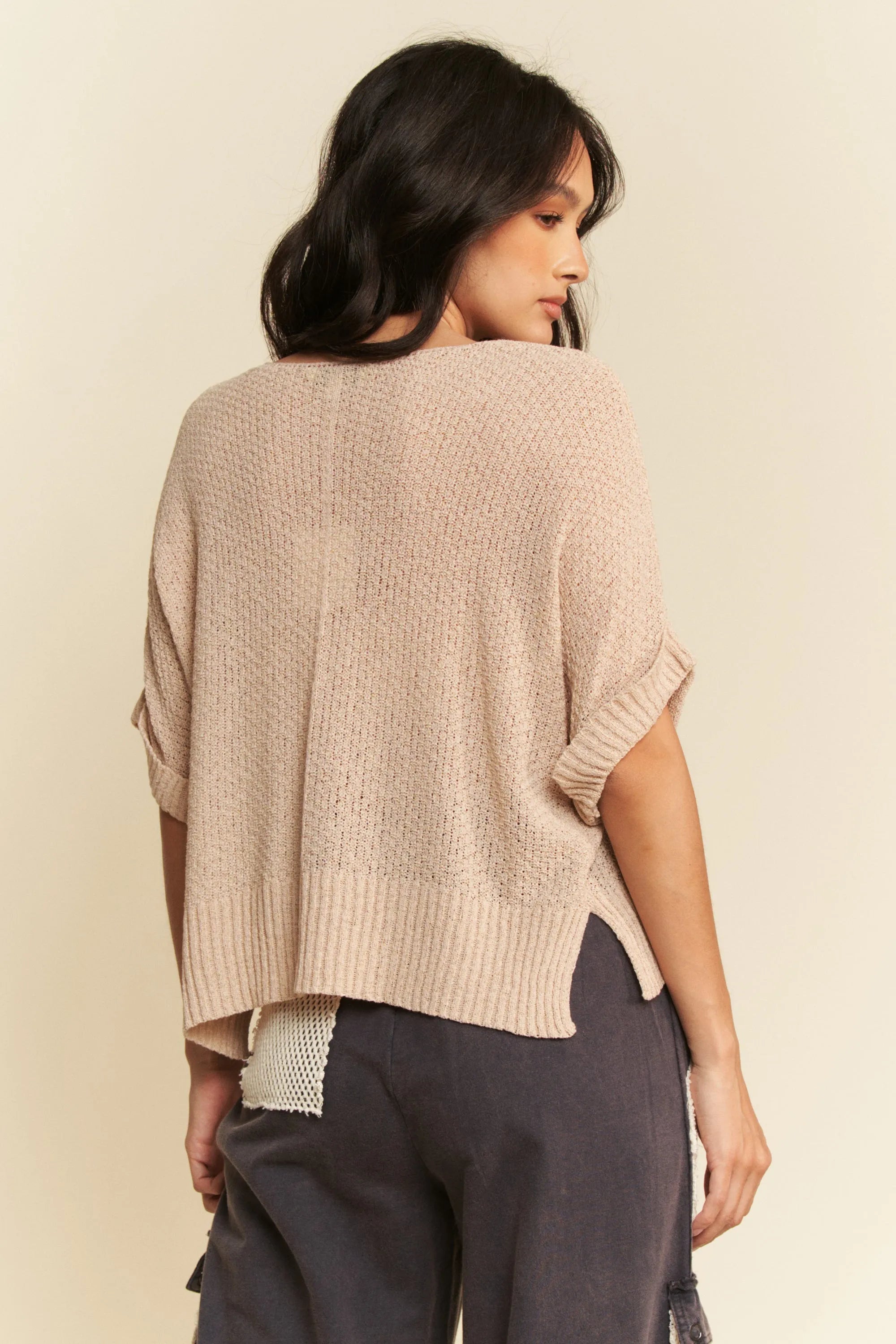 Davi & Dani Sequin American Flag Patch Short Sleeve Knit Top-Davi & Dani-TAUPE-S-Urbanheer