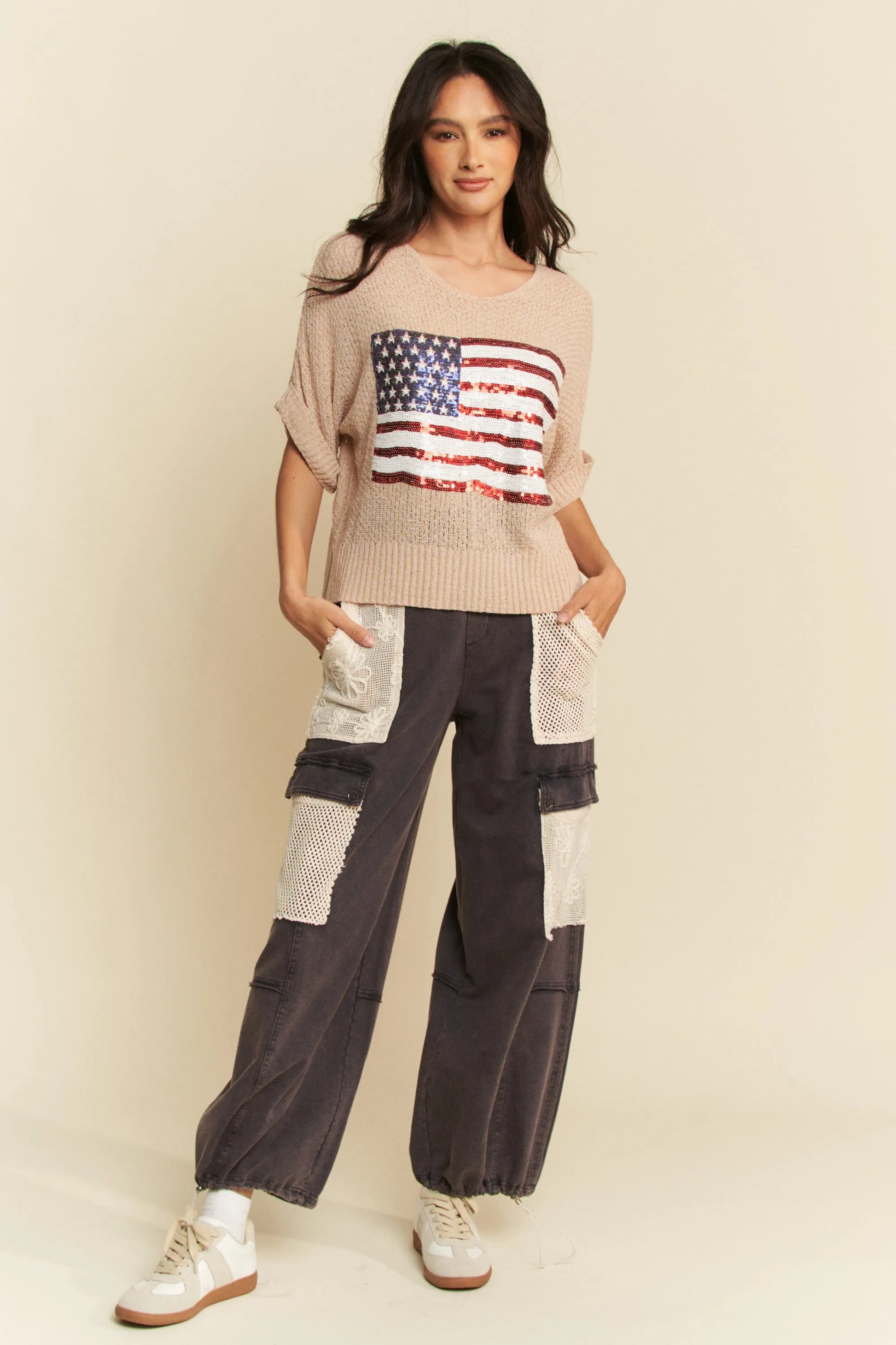 Davi & Dani Sequin American Flag Patch Short Sleeve Knit Top-Davi & Dani-TAUPE-S-Urbanheer