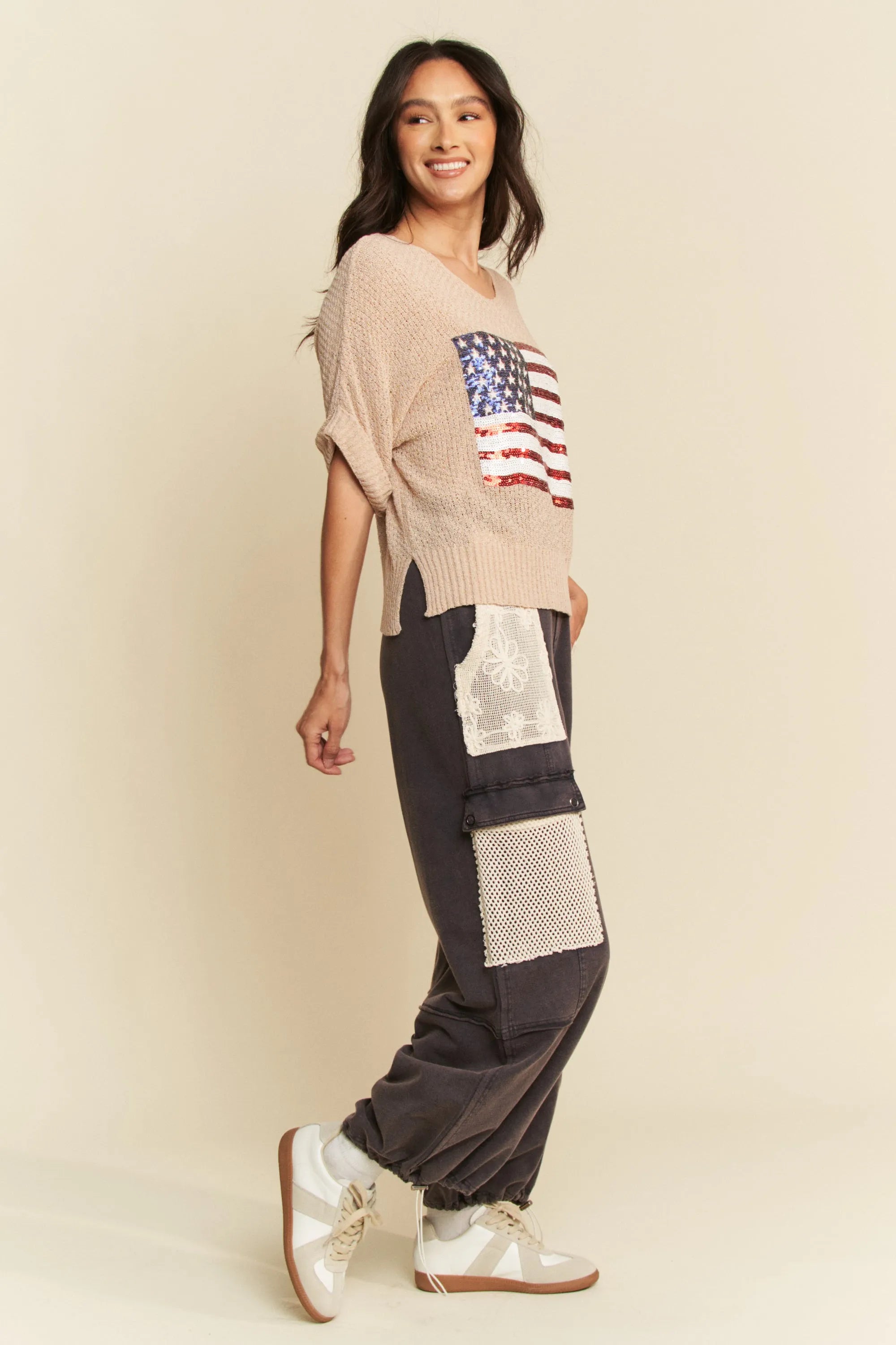 Davi & Dani Sequin American Flag Patch Short Sleeve Knit Top-Davi & Dani-TAUPE-S-Urbanheer