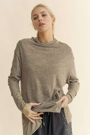 Davi & Dani Slit Mock Neck Long Sleeve Top-Street 360-Taupe-S-Urbanheer