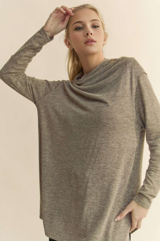 Davi & Dani Slit Mock Neck Long Sleeve Top-Street 360-Taupe-S-Urbanheer