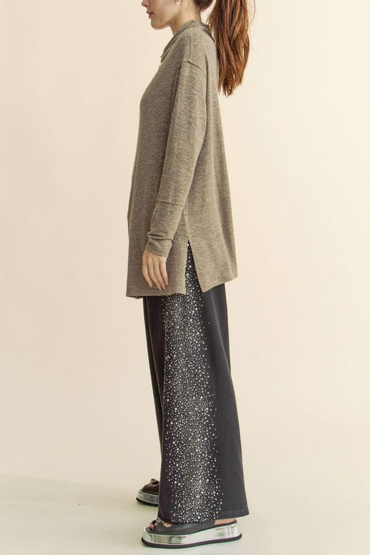 Davi & Dani Slit Mock Neck Long Sleeve Top-Street 360-Taupe-S-Urbanheer