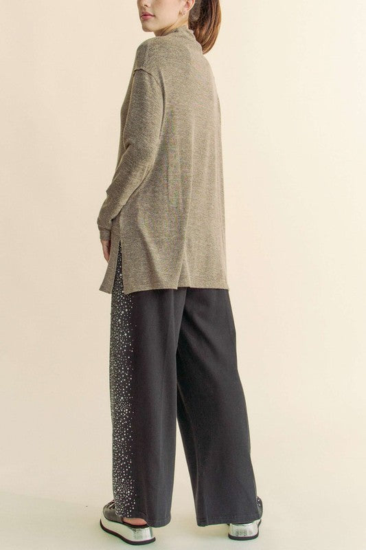 Davi & Dani Slit Mock Neck Long Sleeve Top-Street 360-Taupe-S-Urbanheer