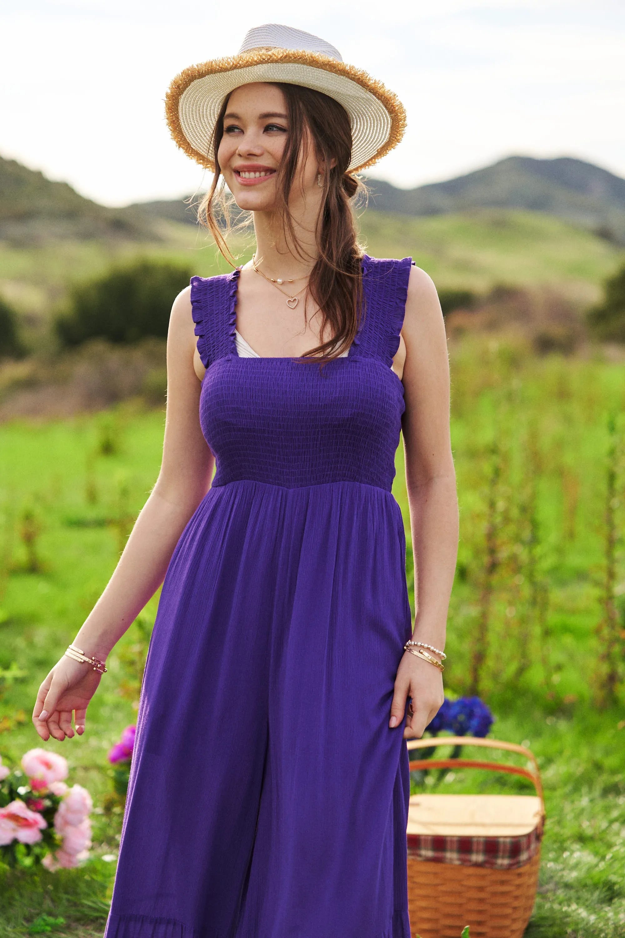 Davi & Dani Smocked Bodice Strap Ruffle Tie Belt Jumpsuit-Davi & Dani-PURPLE-S-Urbanheer