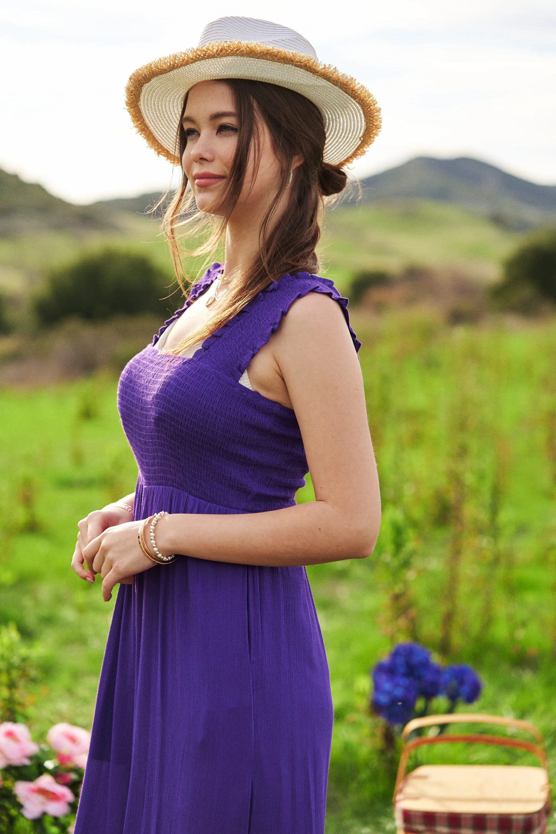 Davi & Dani Smocked Bodice Strap Ruffle Tie Belt Jumpsuit-Davi & Dani-PURPLE-S-Urbanheer