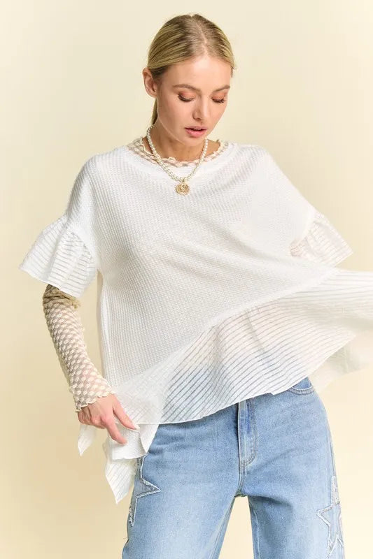 Davi & Dani Waffle Knit Bodice Ruffle Bottom Detail Top-Street 360-White-S-Urbanheer