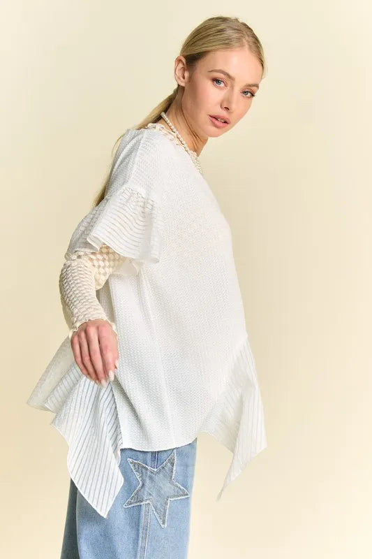 Davi & Dani Waffle Knit Bodice Ruffle Bottom Detail Top-Street 360-White-S-Urbanheer