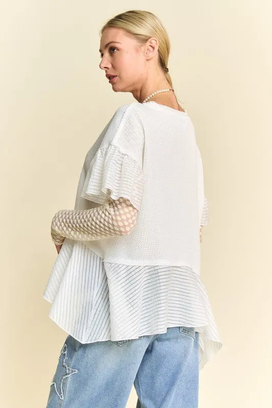 Davi & Dani Waffle Knit Bodice Ruffle Bottom Detail Top-Street 360-White-S-Urbanheer