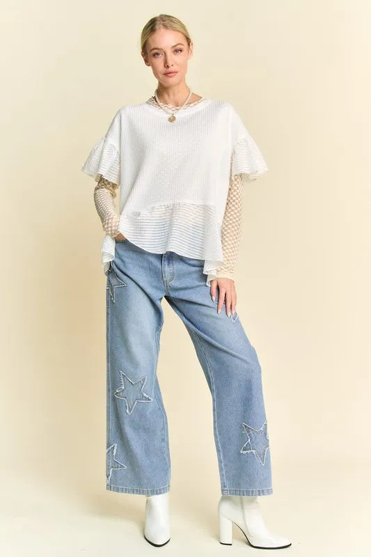 Davi & Dani Waffle Knit Bodice Ruffle Bottom Detail Top-Street 360-White-S-Urbanheer