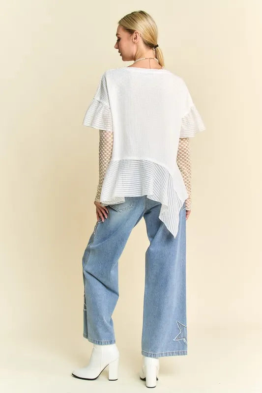 Davi & Dani Waffle Knit Bodice Ruffle Bottom Detail Top-Street 360-White-S-Urbanheer