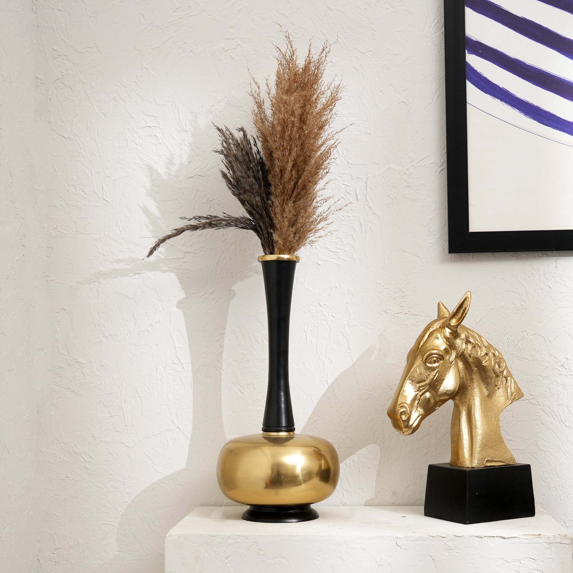 Decorative Minimalist Sleek Gold & Black Aluminum Vase –8X8X16' Table Accent