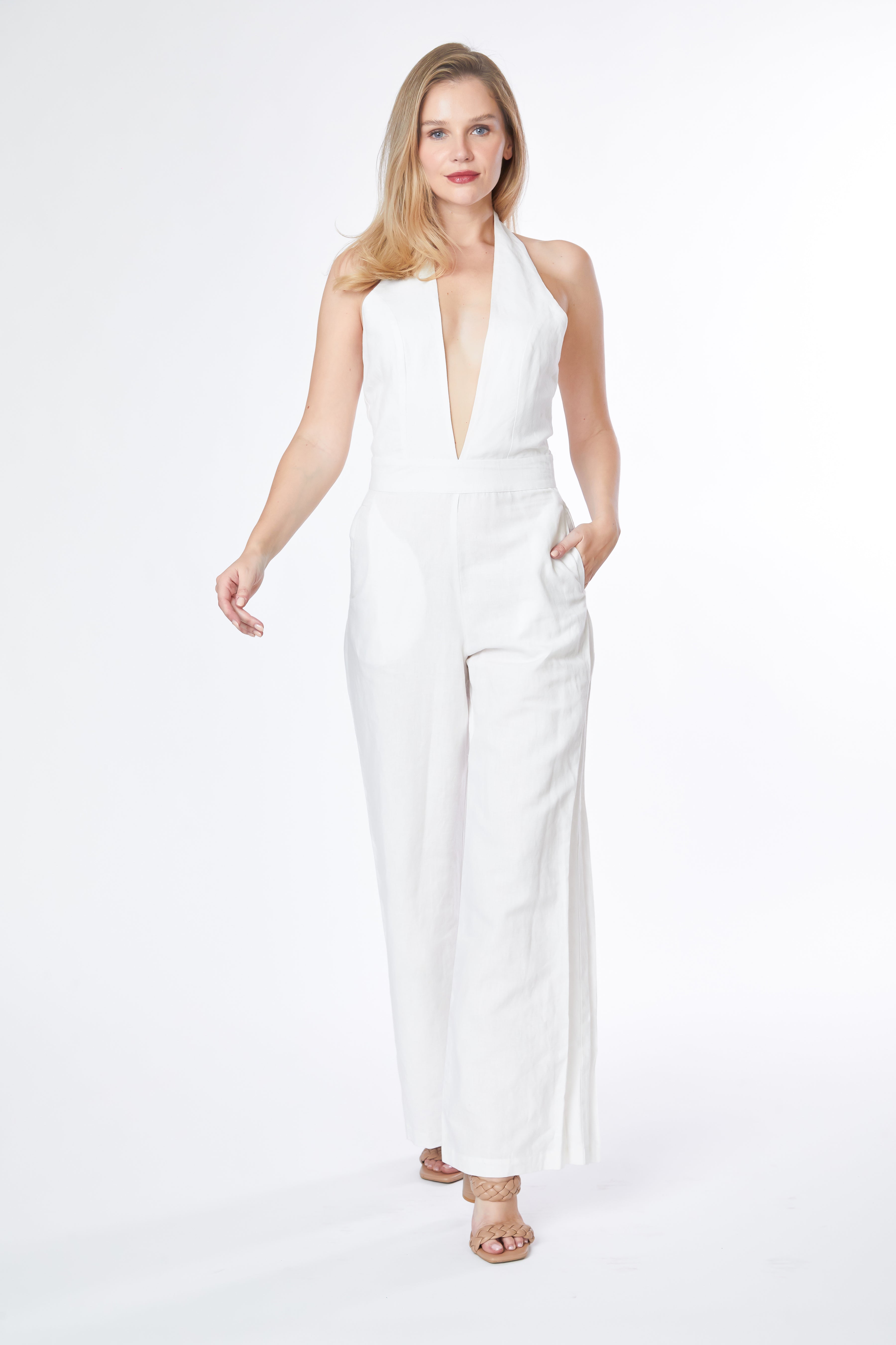 Deep Cut V Neck Flare Leg Jumpsuit-Jumpsuit-Paradigm the Label-XS-White-Urbanheer
