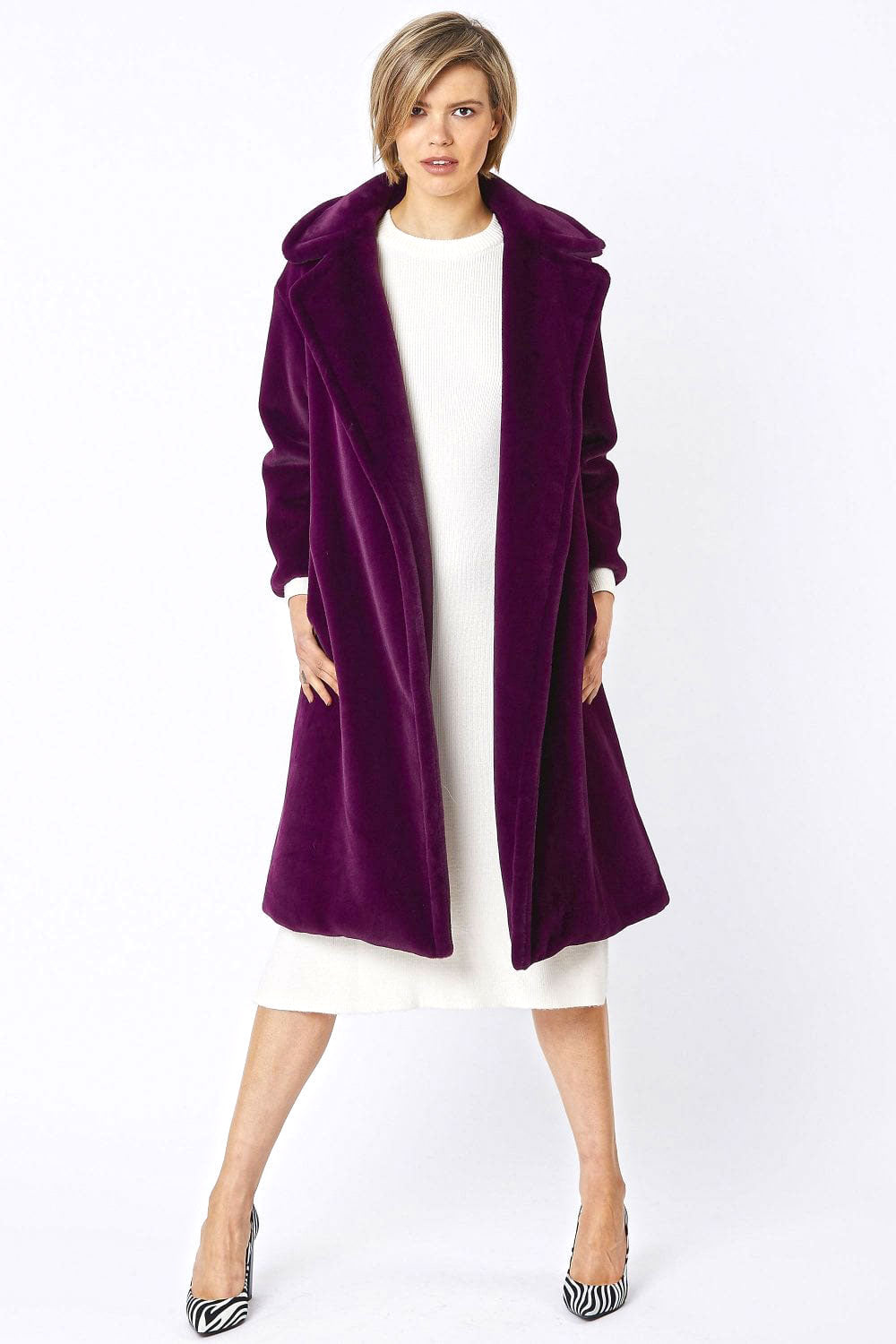 Deep Purple Faux Fur Midi Shaved Shearling Coat-Faux Fur Coats-Buy Me Fur Ltd-Dark Purple-S-M-Faux Fur-Urbanheer