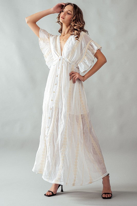 Deep V Neck Lace Embroidery Maxi Dress Ivory-Dress-Urban Daizy-S-Urbanheer