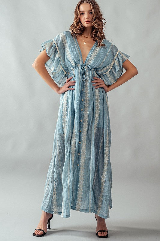 Deep V Neck Lace Embroidery Maxi Dress Lt Blue-Dress-Urban Daizy-S-Urbanheer