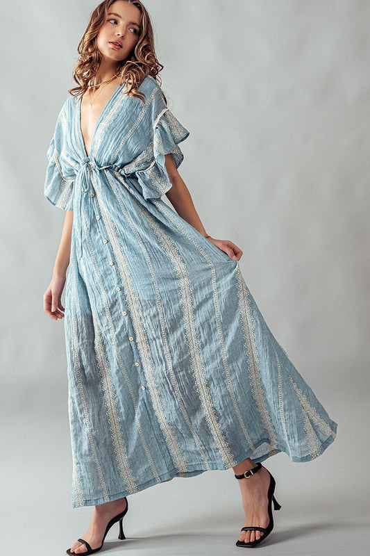 Deep V Neck Lace Embroidery Maxi Dress Lt Blue-Dress-Urban Daizy-S-Urbanheer