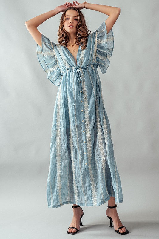 Deep V Neck Lace Embroidery Maxi Dress Lt Blue-Dress-Urban Daizy-S-Urbanheer