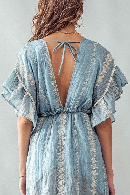 Deep V Neck Lace Embroidery Maxi Dress Lt Blue-Dress-Urban Daizy-S-Urbanheer